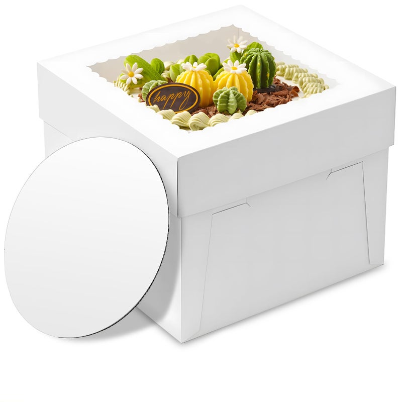 BXIHUR 3pcs Cake Boxes, 10x10x8 Inch Cake Box With Viewing Window and Cake Board and Stickers, Tall Cake Box, Suitable for Birthday, Party, Wedding, Banquet - Image 1